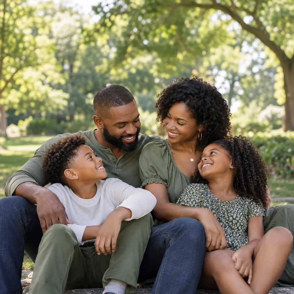 A family of four sitting close together in a park, smiling and laughing